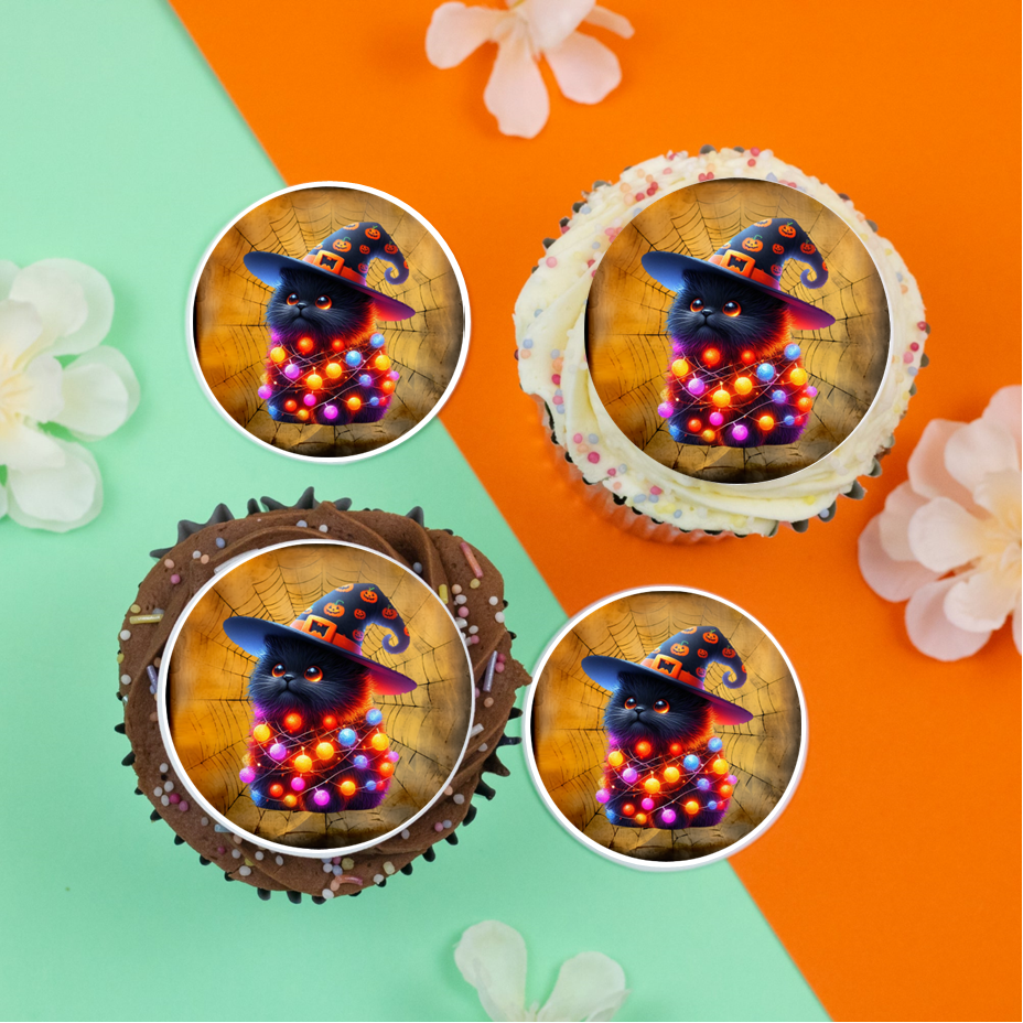 Cute black cat with witches hat 2" / 5cm discs for cupcakes