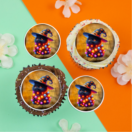 Cute black cat with witches hat 2" / 5cm discs for cupcakes