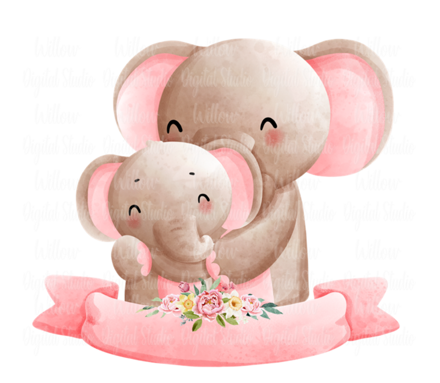 Elephant Mum & Baby With Blank Scroll Digital Download