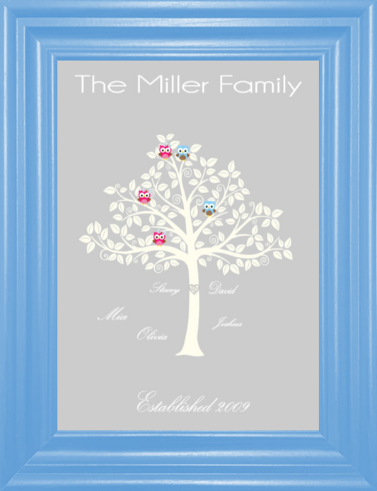 Personalised Family Tree with Owls Print (unframed)