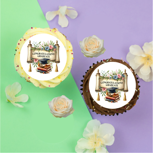 Graduation Scroll & Books 2" / 5cm edible discs for cupcakes