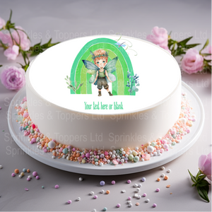 Cute Boy Fairy & Green Rainbow 8" Icing Sheet Cake Topper