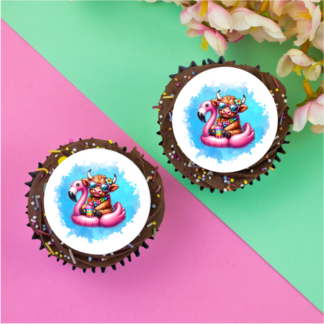 Highland Cow with Flamingo  2" / 5cm discs for cupcakes