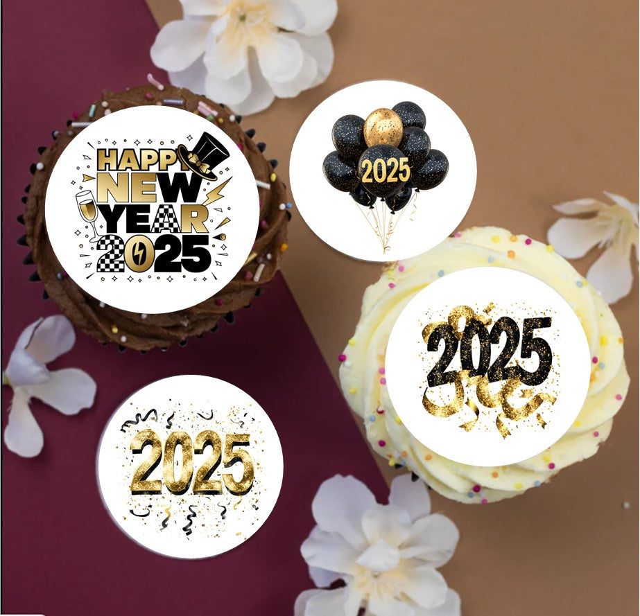 2025 Black & Gold New Year Toppers 2" / 5cm discs for cupcakes