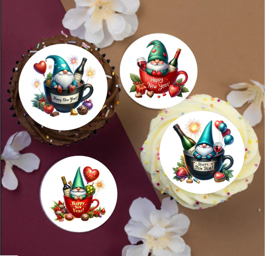 2025 New Year Gnome Black & Red Toppers 2" / 5cm discs for cupcakes