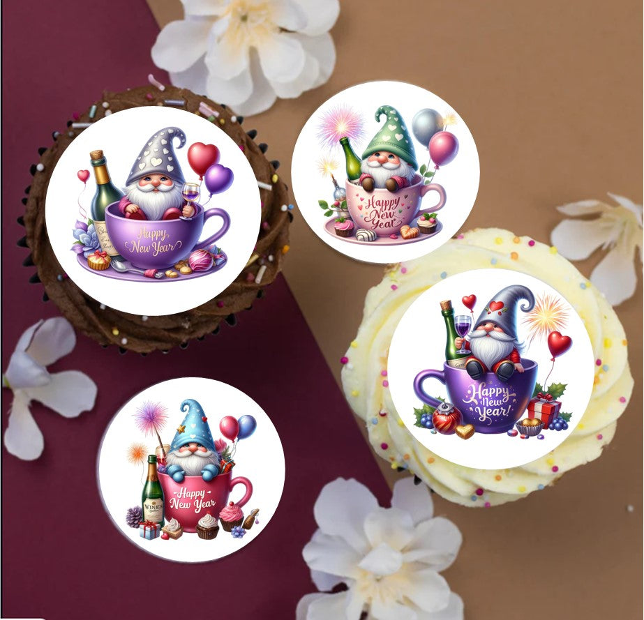 2025 New Year Gnome Pink & Purple Toppers 2" / 5cm discs for cupcakes