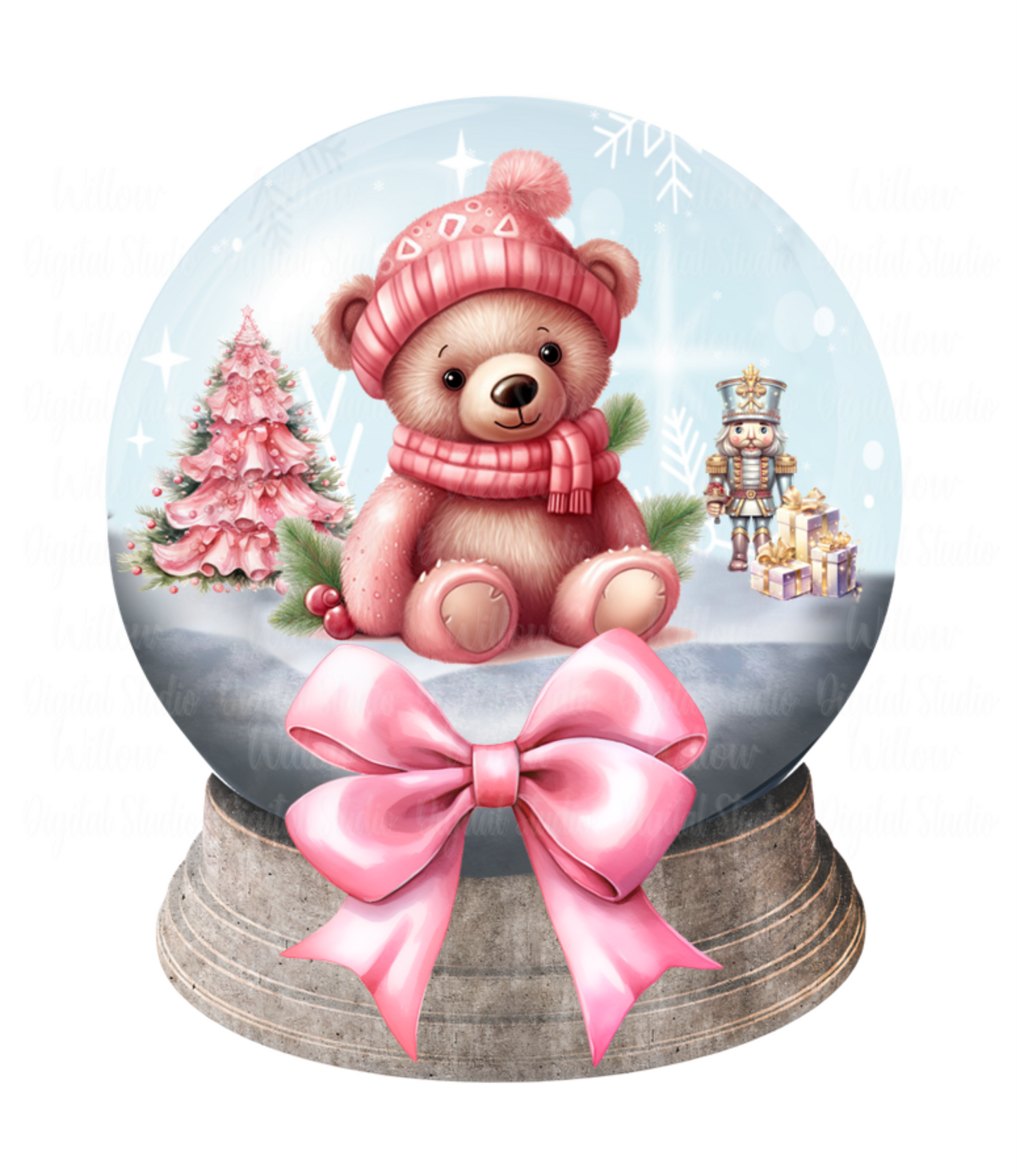 Cute Pink Festive Teddy In Snow Globe Digital Download