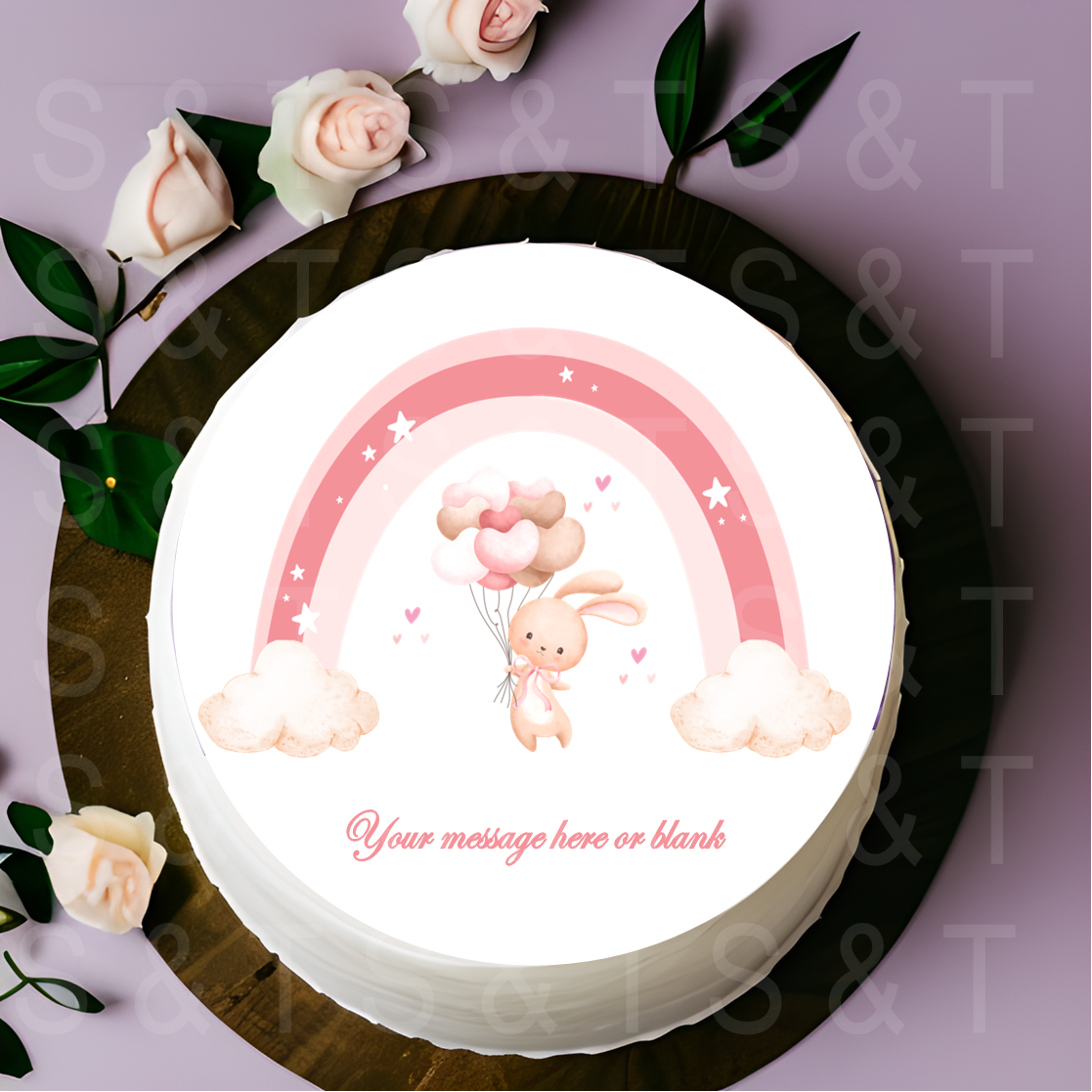 Cute Pink Bunny and Rainbow  8" Cake Topper