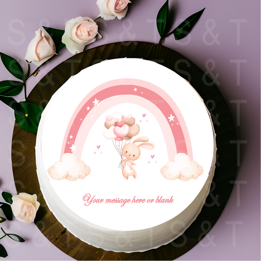 Cute Pink Bunny and Rainbow  8" Cake Topper