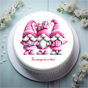 Personalised Festive Pink Gnome Trio  8" Icing Sheet Cake Topper