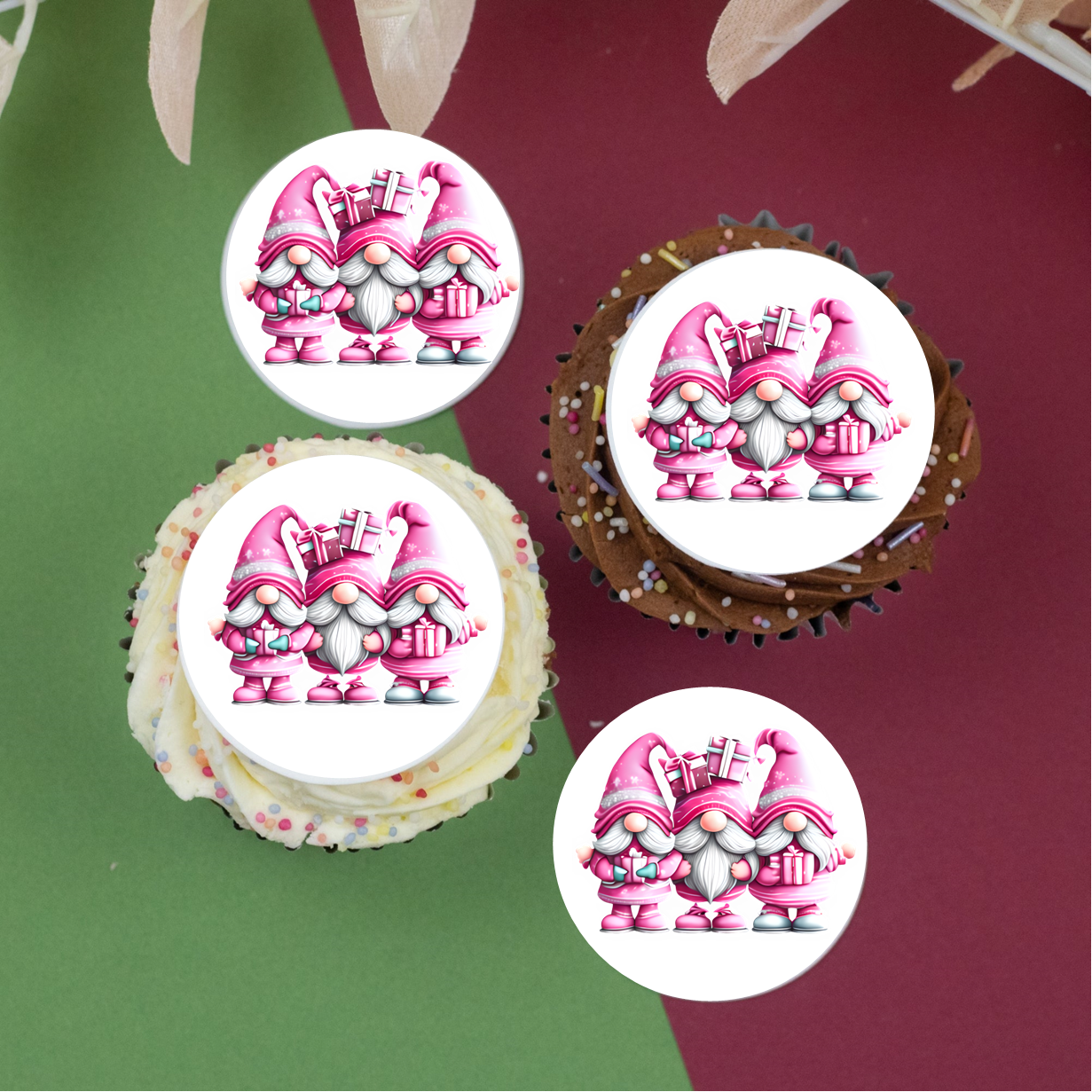 Festive Pink Gnomes Trio 2" / 5cm discs for cupcakes