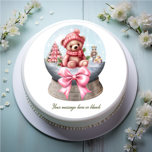 Personalised Cute Pink Bear in Snow Globe 8" Icing Sheet Cake Topper