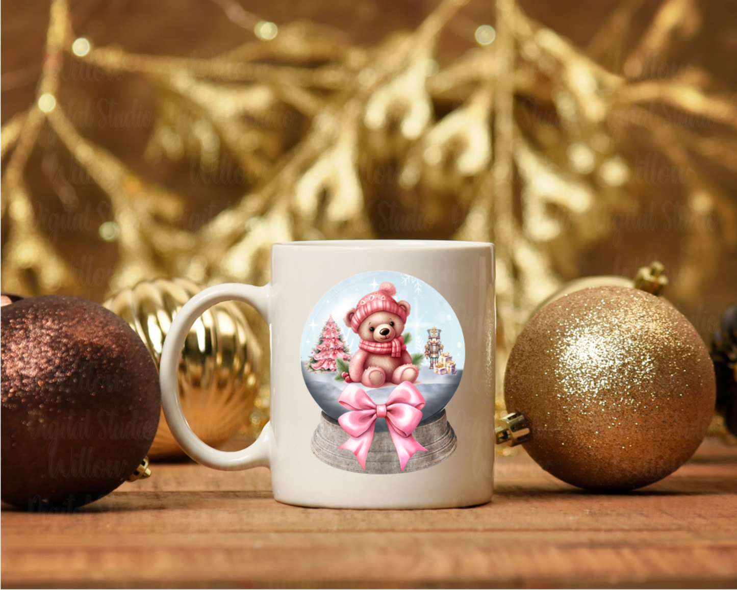 Cute Pink Festive Teddy In Snow Globe Digital Download