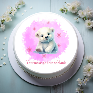 Personalised Cute Polar Bear (pink)  8" Icing Sheet Cake Topper