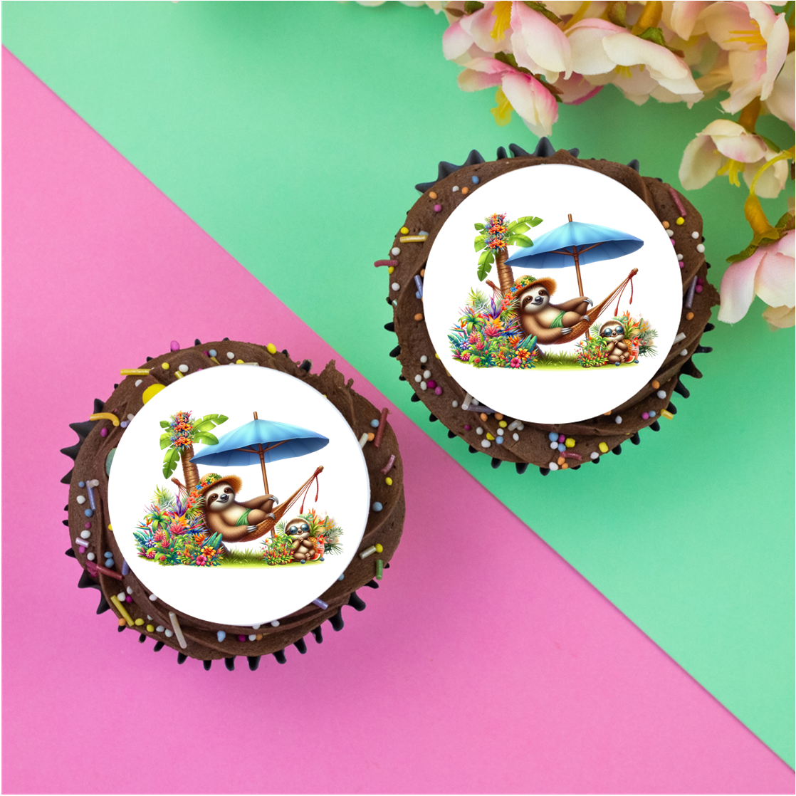 Summer Sloth Family  2" / 5cm discs for cupcakes