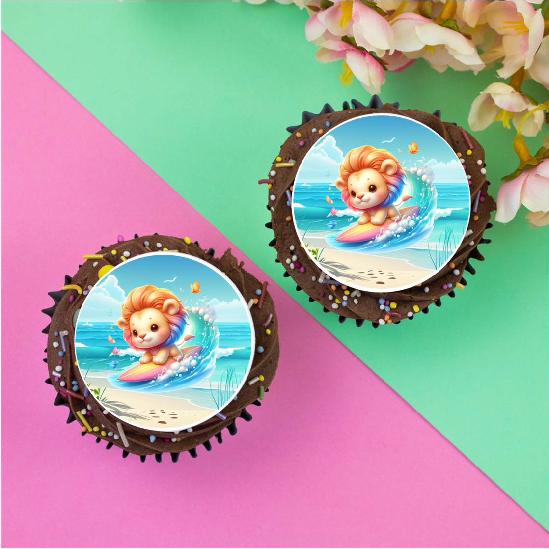 Surfing Baby Lion  2" / 5cm discs for cupcakes