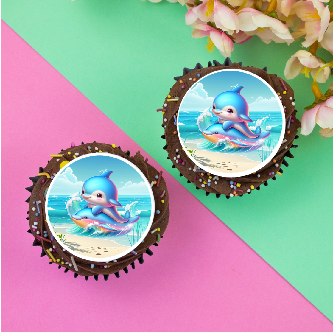 Surfing Dolphins  2" / 5cm discs for cupcakes