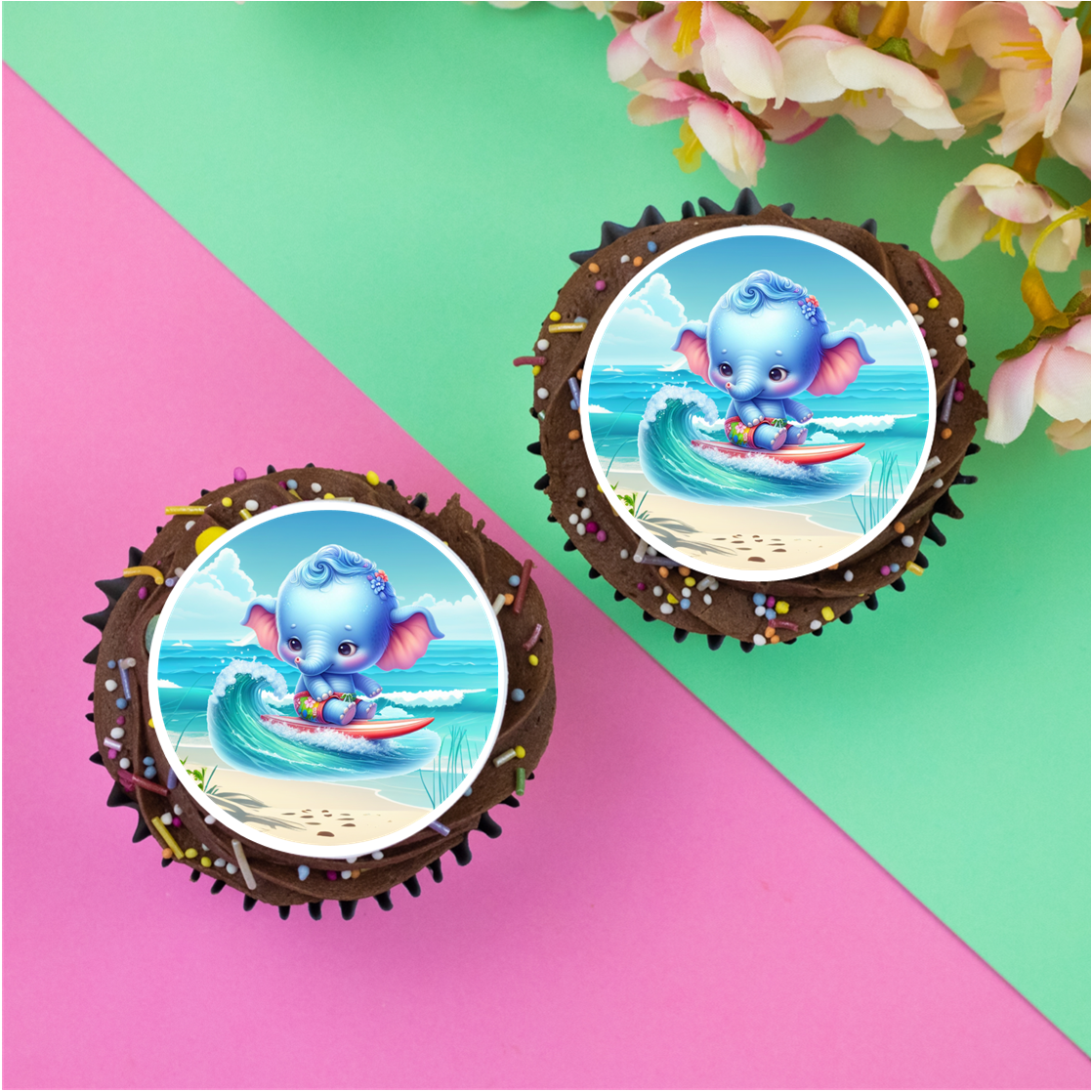 Surfing Elephant  2" / 5cm discs for cupcakes