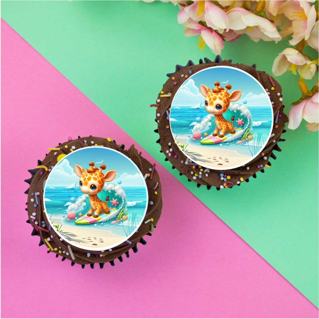 Surfing Giraffe 2" / 5cm discs for cupcakes