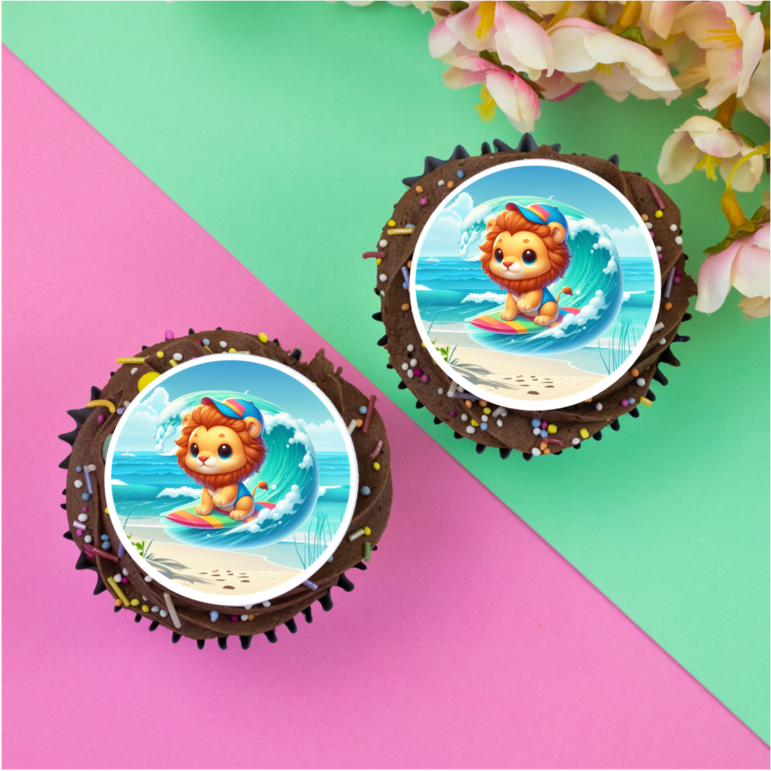 Surfing Lion  2" / 5cm discs for cupcakes