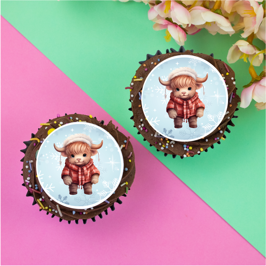 Winter Highland Cow  2" / 5cm discs for cupcakes