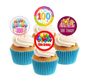 100th Birthday Stand Up Cake Toppers (12 pack)  Pack contains 12 images - 3 of each image - printed onto premium wafer card
