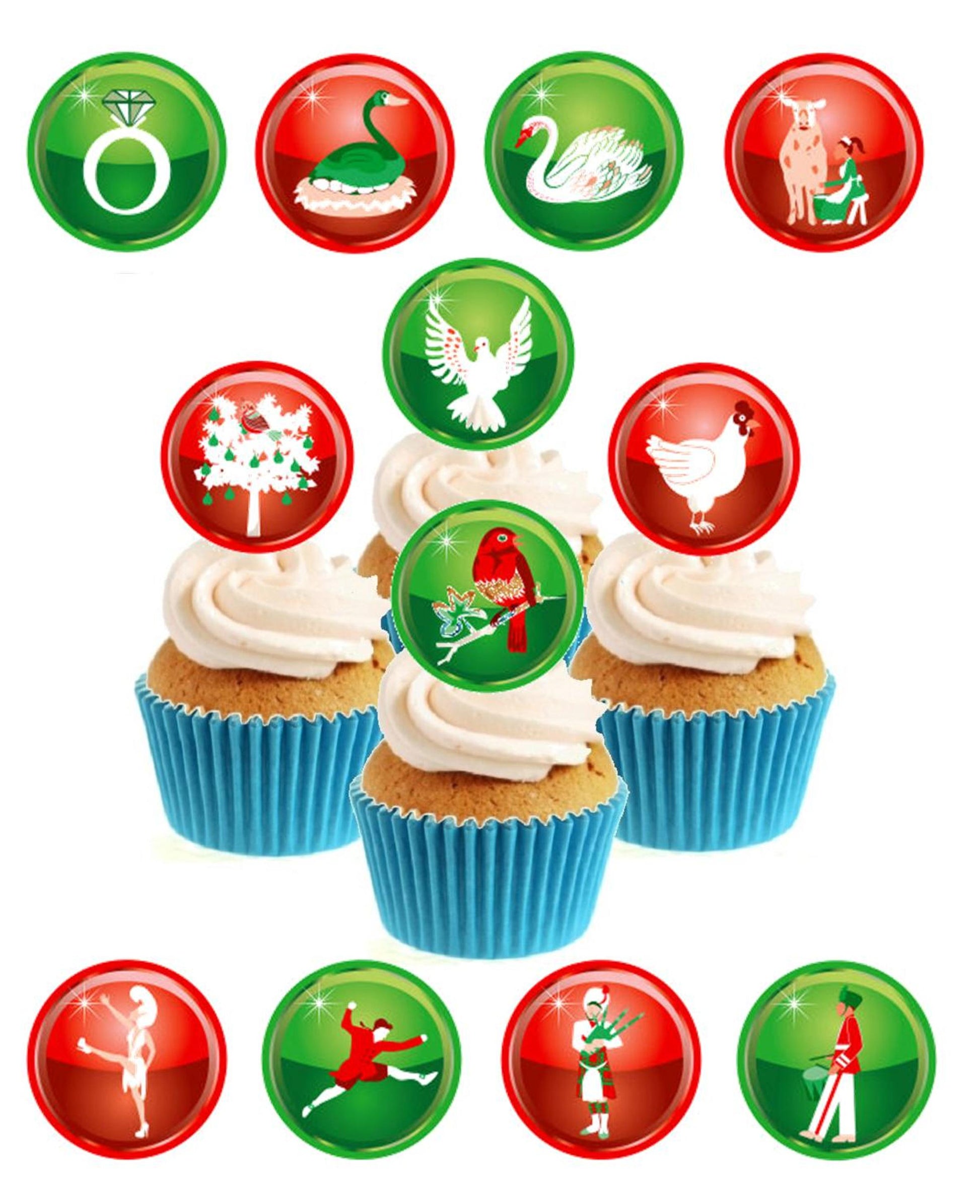12 Days of Christmas Stand Up Cake Toppers (12 pack)  Pack contains 12 images printed onto premium wafer card