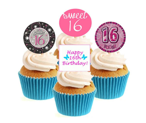 16th Birthday Pink Stand Up Cake Toppers (12 pack)  Pack contains 12 images - 3 of each image - printed onto premium wafer card