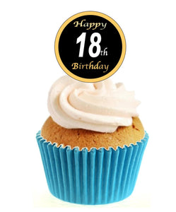 18th Birthday Black / Gold Stand Up Cake Toppers (12 pack)  Pack contains 12 images printed onto premium wafer card