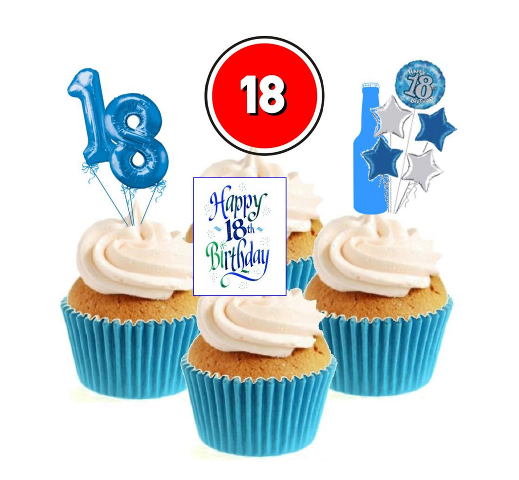 18th Birthday Blue Stand Up Cake Toppers (12 pack)  Pack contains 12 images - 3 of each image - printed onto premium wafer card