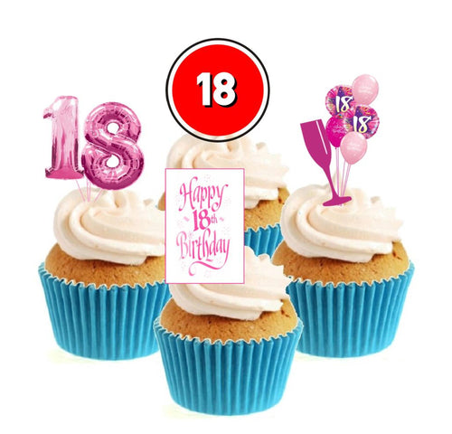 18th Birthday Pink Stand Up Cake Toppers (12 pack)  Pack contains 12 images - 3 of each image - printed onto premium wafer card