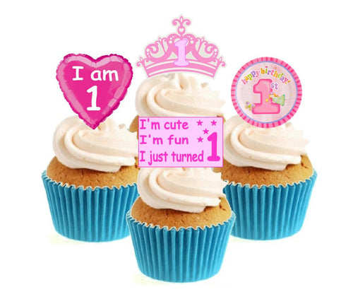 1st Birthday Pink Stand Up Cake Toppers (12 pack)  Pack contains 12 images - 3 of each image - printed onto premium wafer card