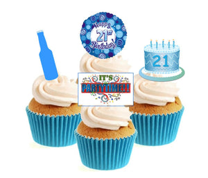 21st Birthday Blue Stand Up Cake Toppers (12 pack)  Pack contains 12 images - 3 of each image - printed onto premium wafer card