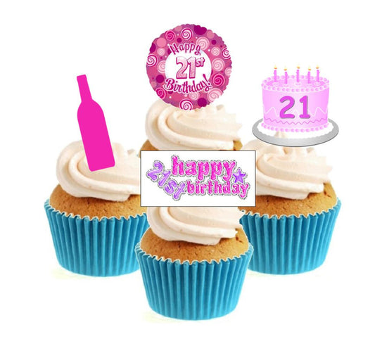 21st Birthday Pink Stand Up Cake Toppers (12 pack)