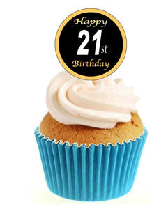 21st Birthday Black / Gold Stand Up Cake Toppers (12 pack)  Pack contains 12 images printed onto premium wafer card