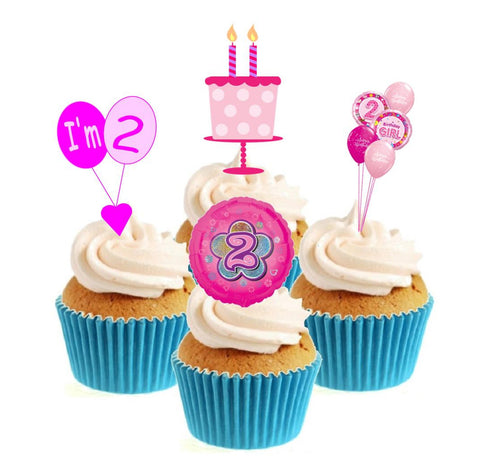 2nd Birthday Pink Stand Up Cake Toppers (12 pack)  Pack contains 12 images - 3 of each image - printed onto premium wafer card