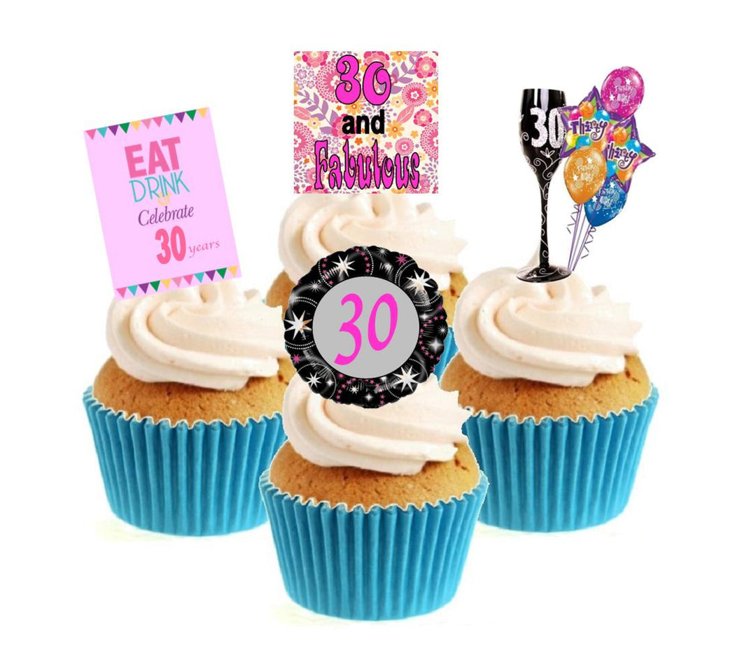 30th Birthday Pink Stand Up Cake Toppers (12 pack)  Pack contains 12 images - 3 of each image - printed onto premium wafer card