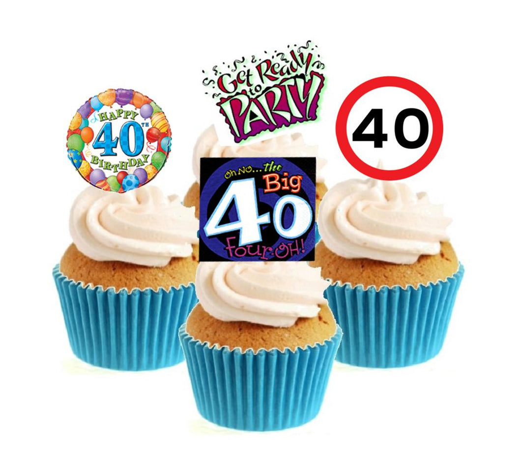 40th Birthday Stand Up Cake Toppers (12 pack)  Pack contains 12 images - 3 of each image - printed onto premium wafer card