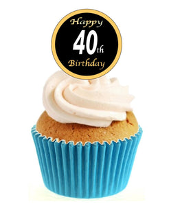 40th Birthday Black / Gold Stand Up Cake Toppers (12 pack)  Pack contains 12 images printed onto premium wafer card