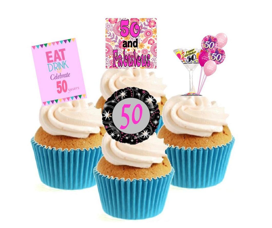 50th Birthday Pink Stand Up Cake Toppers (12 pack)  Pack contains 12 images - 3 of each image - printed onto premium wafer card