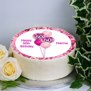 Personalised 50th Birthday Balloons Pink 8" Icing Sheet Cake Topper