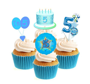 5th Birthday Blue Stand Up Cake Toppers (12 pack)  Pack contains 12 images - 3 of each image - printed onto premium wafer card