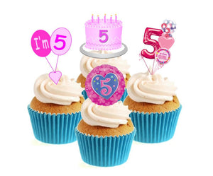 5th Birthday Pink Stand Up Cake Toppers (12 pack)  Pack contains 12 images - 3 of each image - printed onto premium wafer card