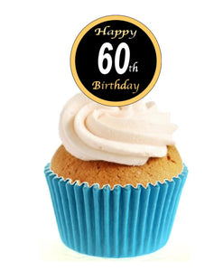 60th Birthday Black / Gold Stand Up Cake Toppers (12 pack)  Pack contains 12 images printed onto premium wafer card