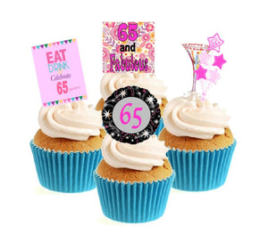 65th Birthday Pink Stand Up Cake Toppers (12 pack)  Pack contains 12 images - 3 of each image - printed onto premium wafer card
