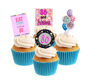 80th Birthday Pink Stand Up Cake Toppers (12 pack)  Pack contains 12 images - 3 of each image - printed onto premium wafer card