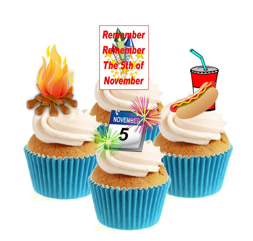 Bonfire Night Collection Stand Up Cake Toppers (12 pack)  Pack contains 12 images - 3 of each image - printed onto premium wafer card