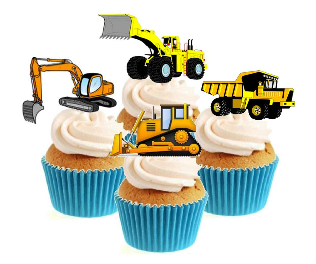 Diggers & Trucks Collection Stand Up Cake Toppers (12 pack)  Pack contains 12 images - 3 of each image - printed onto premium wafer card