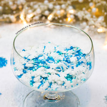Load image into Gallery viewer, Stunning Mix of blue, white &amp; turquoise glimmer pearls (4mm) white &amp; blue glimmer strands and white sugar snowflakes