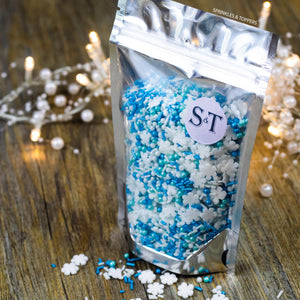 Stunning Mix of blue, white & turquoise glimmer pearls (4mm) white & blue glimmer strands and white sugar snowflakes